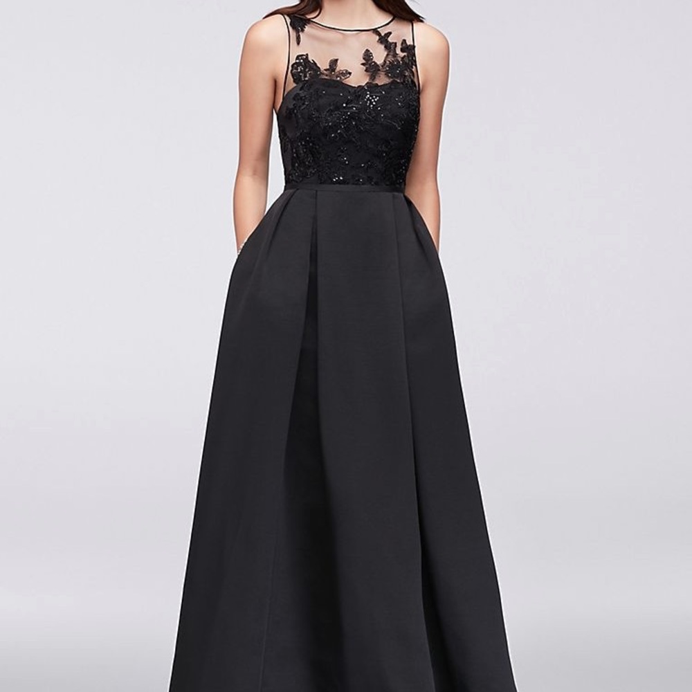 Oleg Cassini appliquéd illusion faille dress